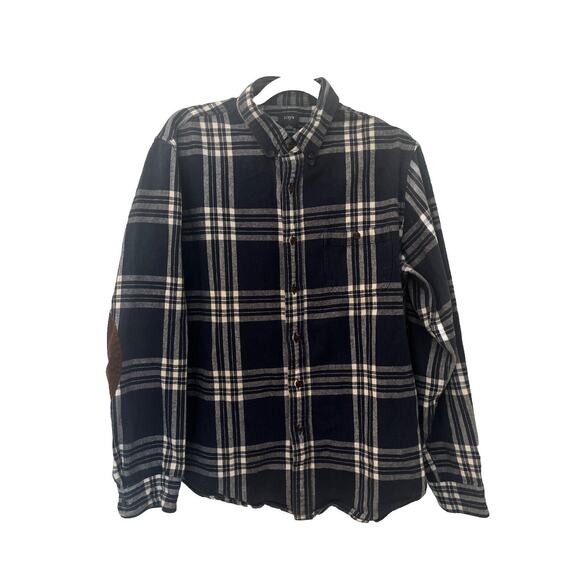 J Crew Flannel Shirt Mens Large‎ Black Check Button Down Elbow Patches Casual - Picture 1 of 8